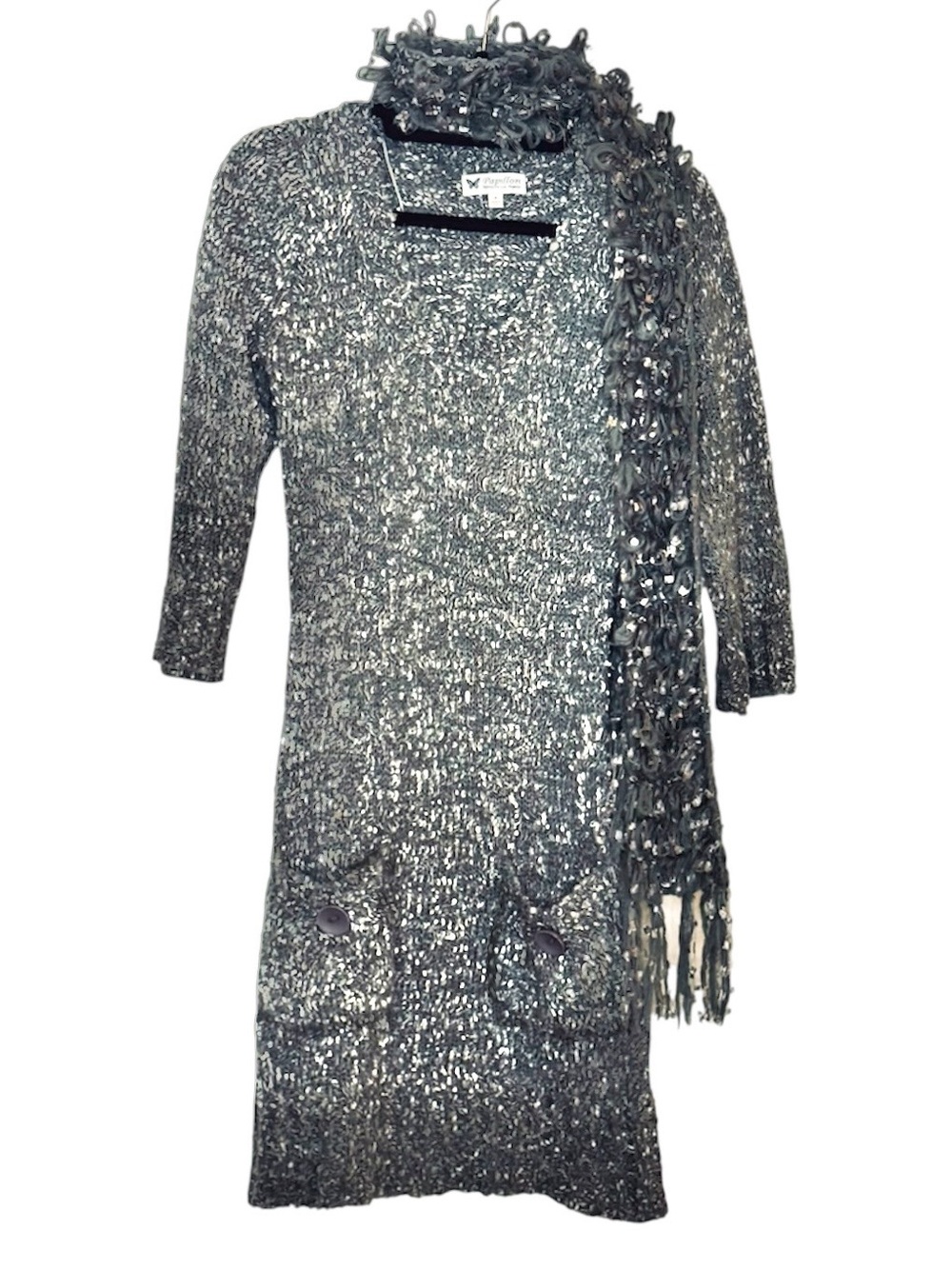 Papillon Midi Sweater Dress 3/4 Sleeve Scoop Neck Knit with Matching Scarf